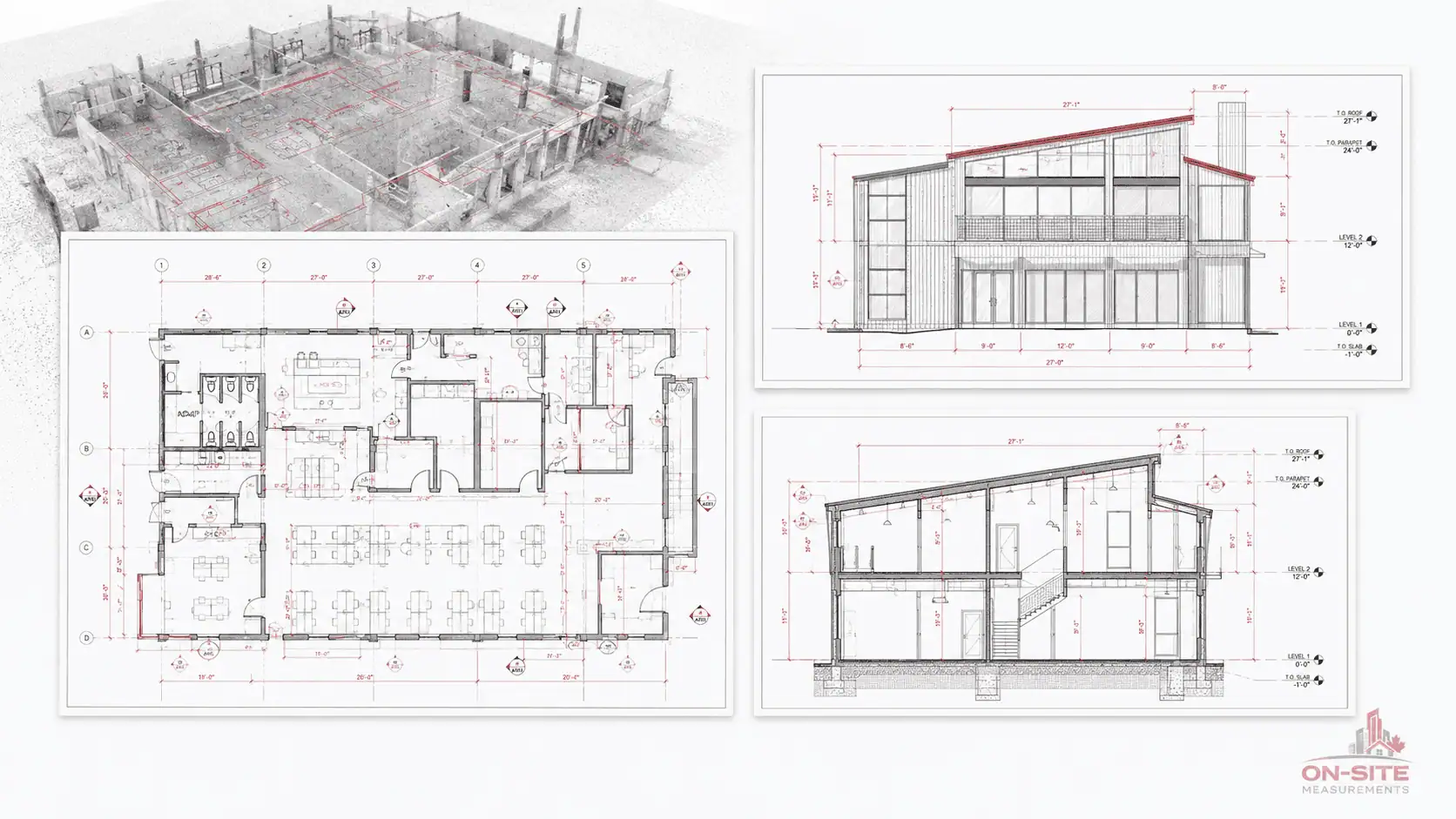 Completed as-built drawing set showing floor plan, elevation, and section sheets for a commercial building